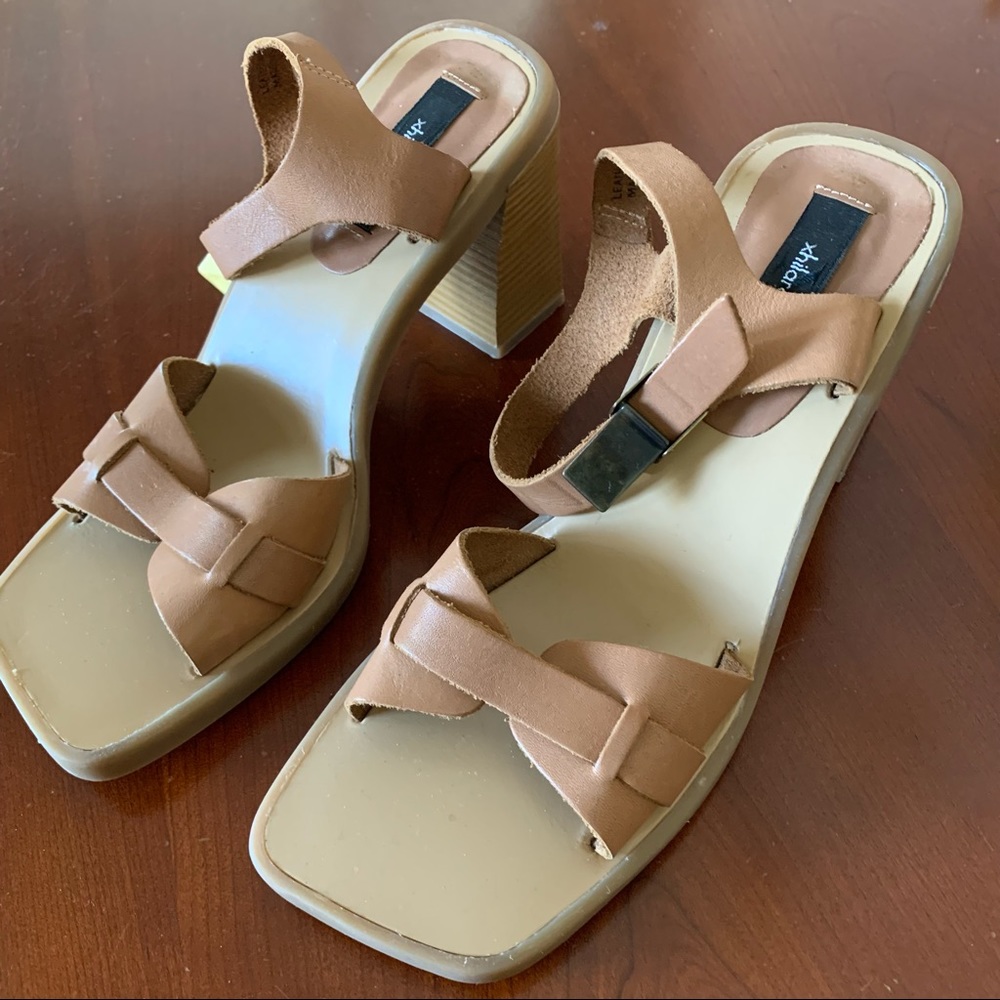 Leather Block Heel Sandals Camel Tan Beige Strappy Sandal Brazil size 38, us7